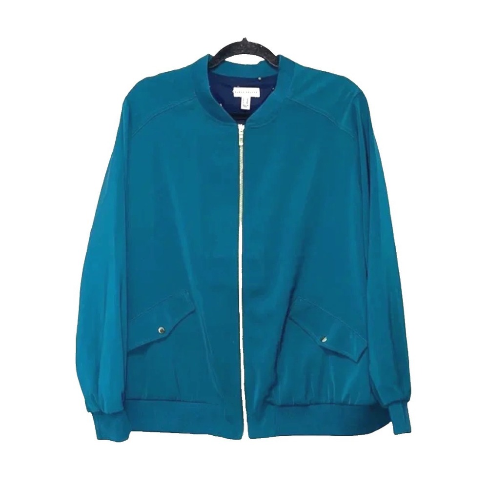 SUSAN GRAVER Silky Track Jacket GOLD ZIPPER ZIP-UP Teal Blue/Green Pockets M